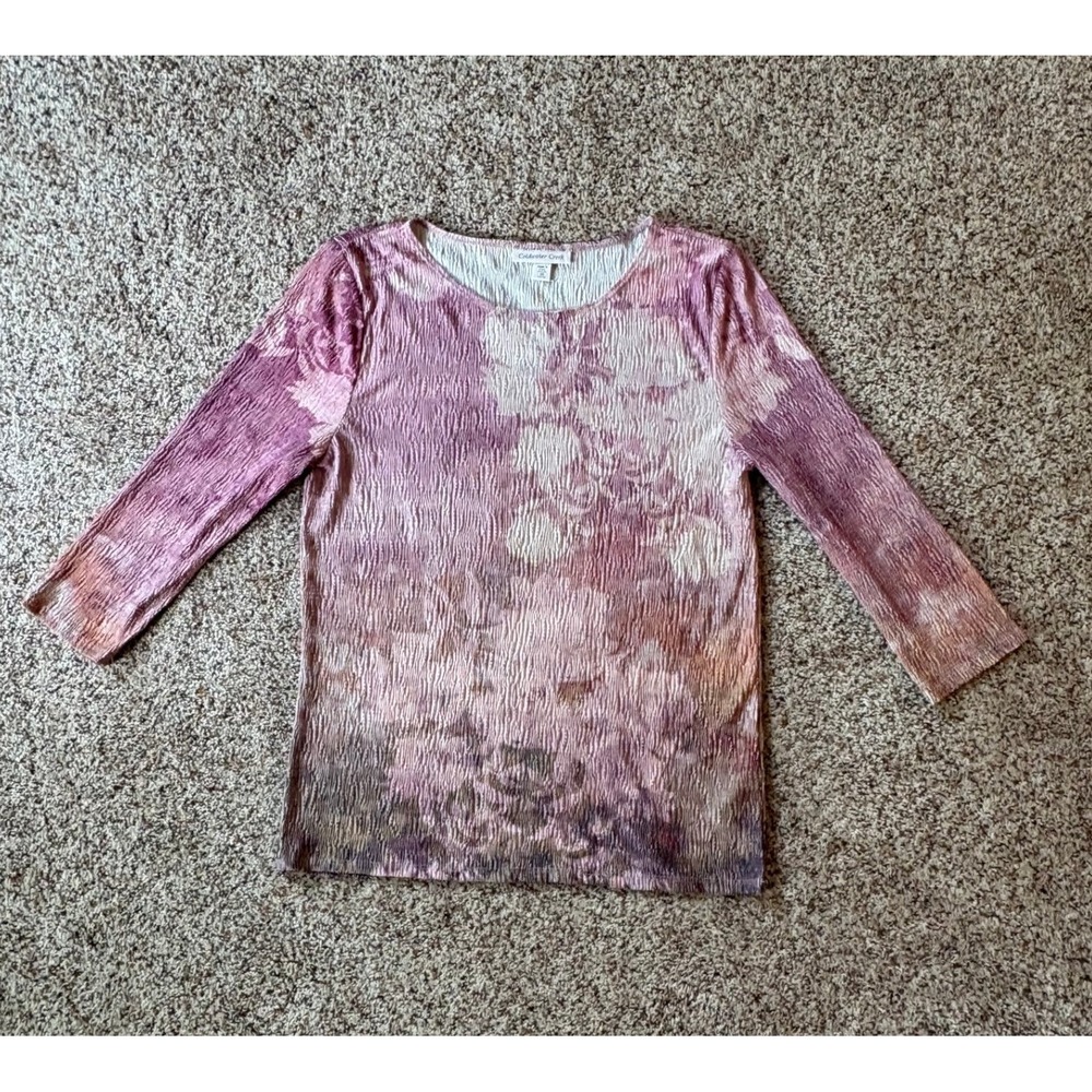 Coldwater Creek Womens Top Medium Mauve Purple Floral Plisse Crinkle 3/4 Sleeve